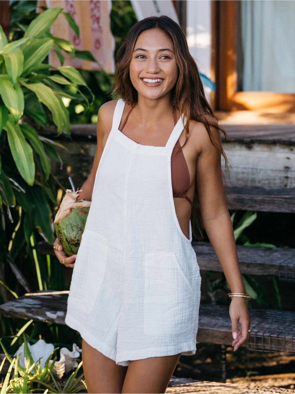 White Beach Crush Romper Overalls with Pockets